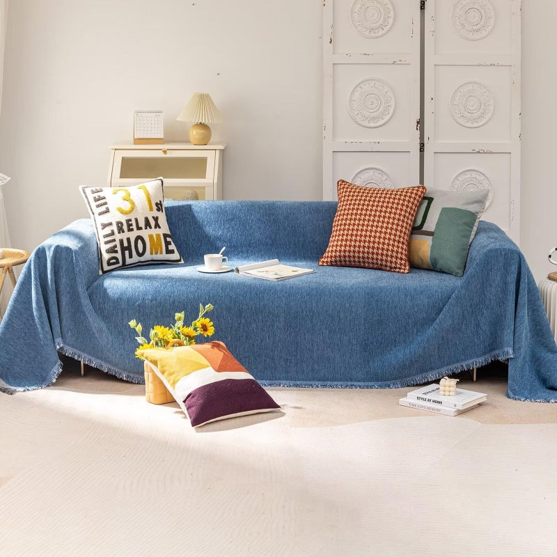 VC Life VClife Blue Couch Cover Chenille Sofa Covers Living Room Furniture Couch Protector with Tassel  Modern Non Slip Couch Cover for 2 Cushion Couch Sofa  Dog Cat Aesthetic Sofa Covers Throw  71""x118"" - Image 1